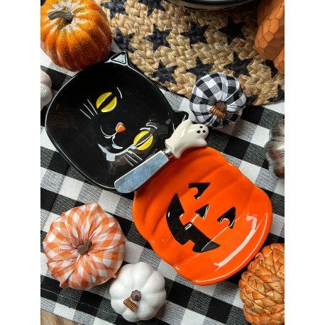 Botanero de 2 gato y calabaza con pala fantasma