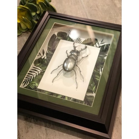 Cuadro 3D escarabajo plata palmas