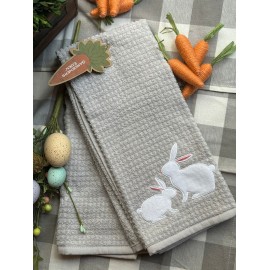 Set de 2 toallas de cocina gris con silueta conejos blancos