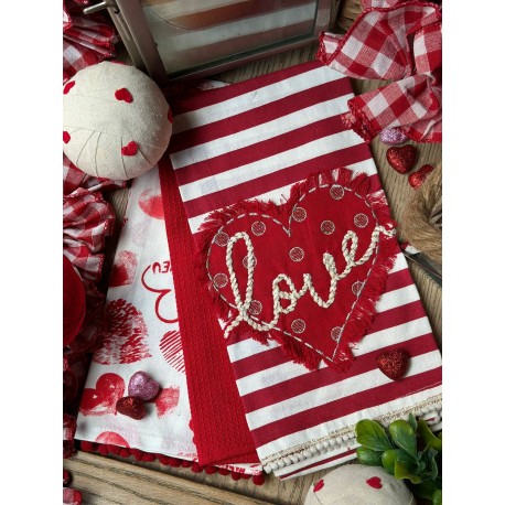 Set de 3 toallas de cocina bordadas corazón rayas love rojo