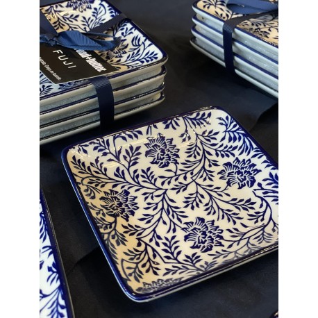 Set de 4 platos para botana azul y blanco