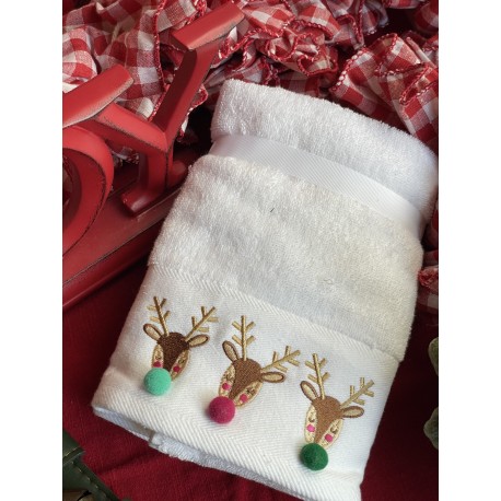 Toallas de manos 2 pzas venados con nariz de pompones